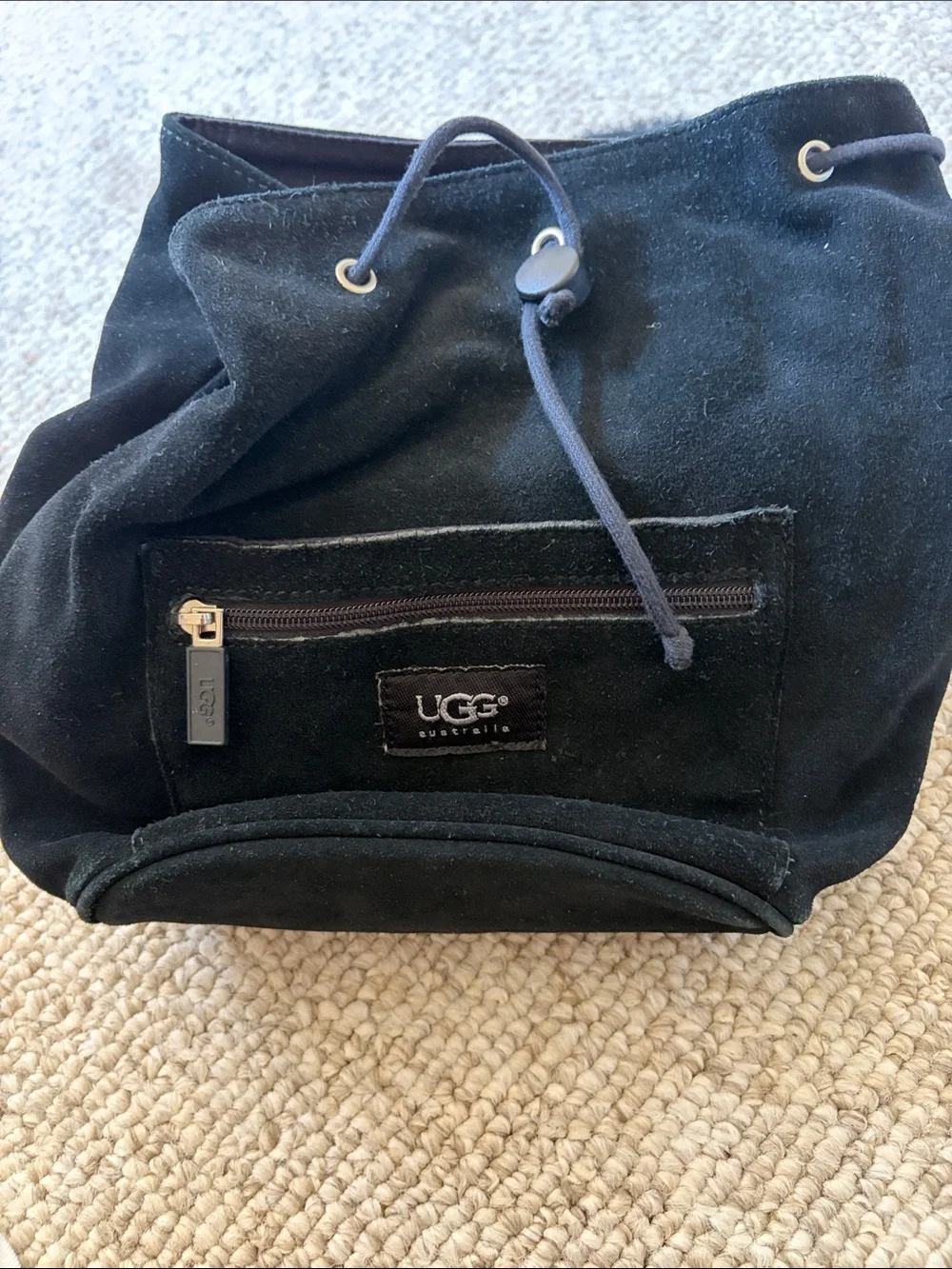 UGG Black Suede Backpack with Black Shearling Flap